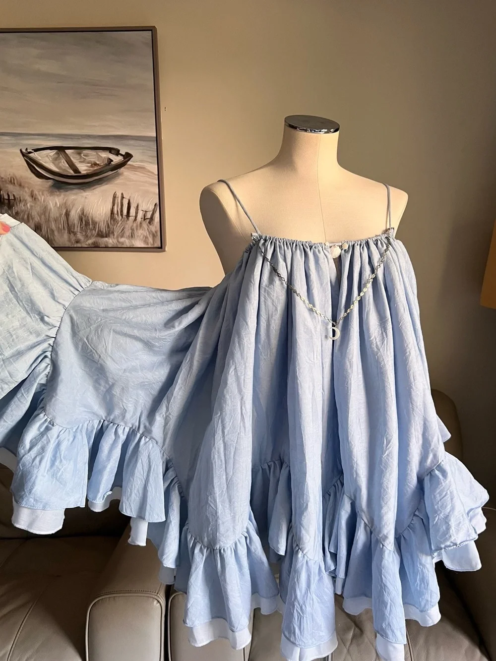 Babydoll Mini Dress Sz M Linen Blend Light Blue Ruffle Spaghetti Strap Angelic_12